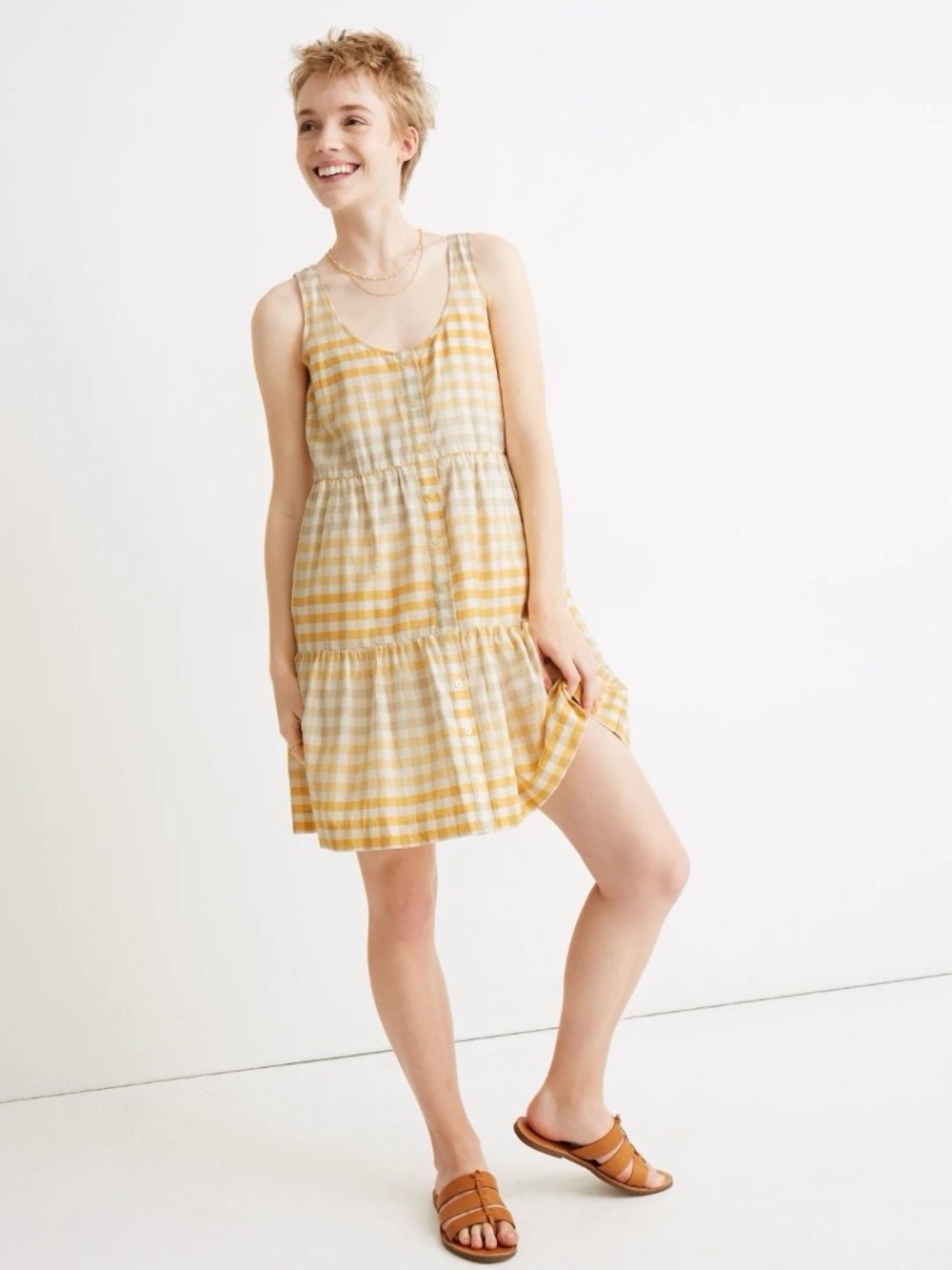 NWT Madewell Button-Front Tiered Mini Dress Medium Yellow Gingham Ombre
